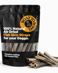 Air-dried fish skin straps for dogs in a black pouch with fish skin pieces beside the bag.