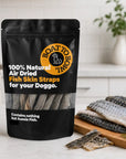 Fish skin dog treats displayed with fresh fish skin pieces to show the Aussie fish ingredient source.