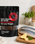 Mackerel dog treats displayed with fresh mackerel to show the Aussie fish ingredient source.