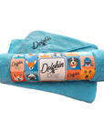 large dog towel made by dolphin and dog, it has hand pockets and is super absorbent.