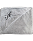 Dg towel folded up, pocket shows embroider of Dolphin and Dog brand