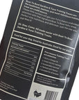 Back of air-dried sardine and tuna dog training treats pouch showing nutritional information