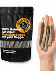 Air-dried fish skin straps shown in a hand beside the front pouch for size comparison.
6. Ingredient / fish source image