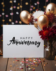 Elegant 'Happy Anniversary' card featuring a clean design, perfect for celebrating love and commitment.