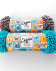 Two rolled Dolphin & Dog chenille microfibre dog towels in grey and turquoise, featuring branded packaging sleeves with colorful dog breed illustrations