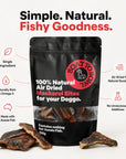 Front view of a 100g pouch of natural air-dried mackerel bites for dogs, showing key product benefit information.