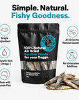 Sardine dog treats with benefit callouts for omega 3, single ingredient, Aussie fish and no unnecessary additives.