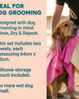 dog towel information picture, showing size and function, cute dog being dried