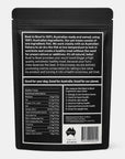 Sardine dog treat pouch showing nutrition information, ingredients and Australian made packaging details.