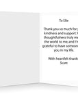 Personalised message inside a sincere 'Thank You' greetings card, adding a heartfelt expression of thank