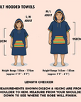 Measurement chart for adult hooded towels showing sizes S/M and M/L with corresponding dimensions and height ranges.