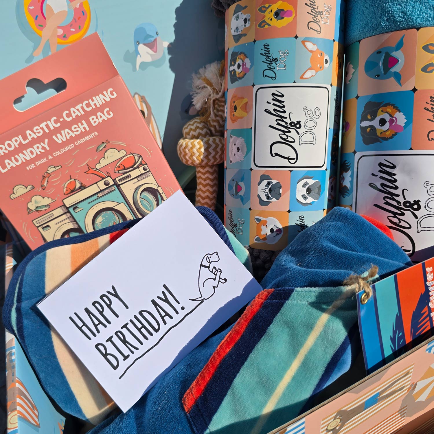 a dog birthday gift box hamper, a gift hamper made for dogs and dog owners with personalised greeting card