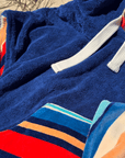 hooded beach towel, with drawstring hood and pockets