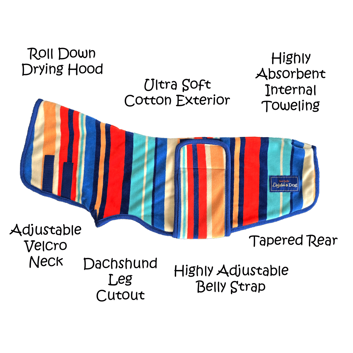 dachshund dog drying robe specifications and attributes, image shows hood, belly strap and velcro neck