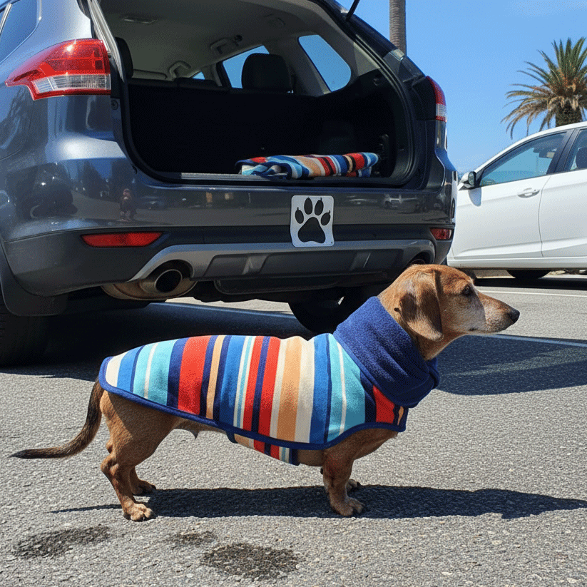 dachshund wearing a hooded dog towel, in a beach carpark waiting to get in the car