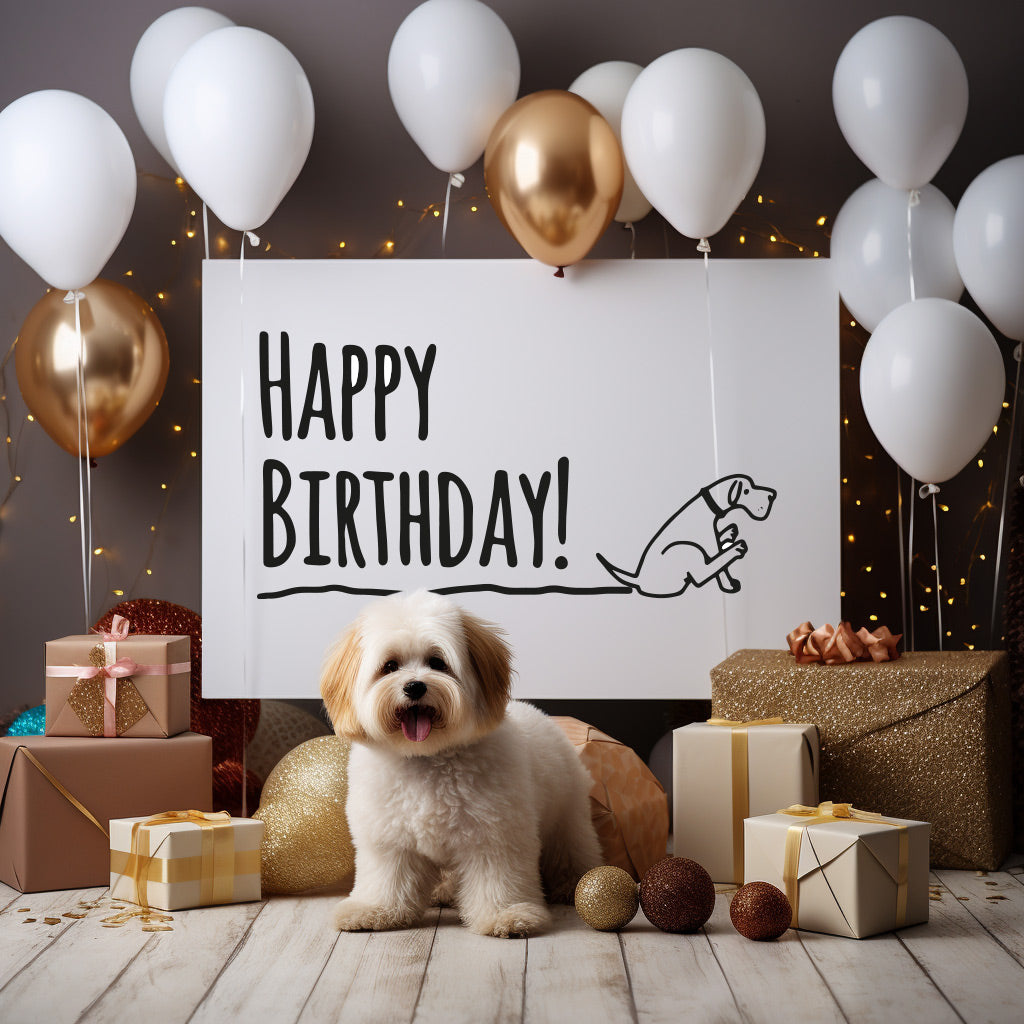 Whimsical dog birthday card featuring cute dog-themed graphics, perfect for dog lovers celebrating their pets.