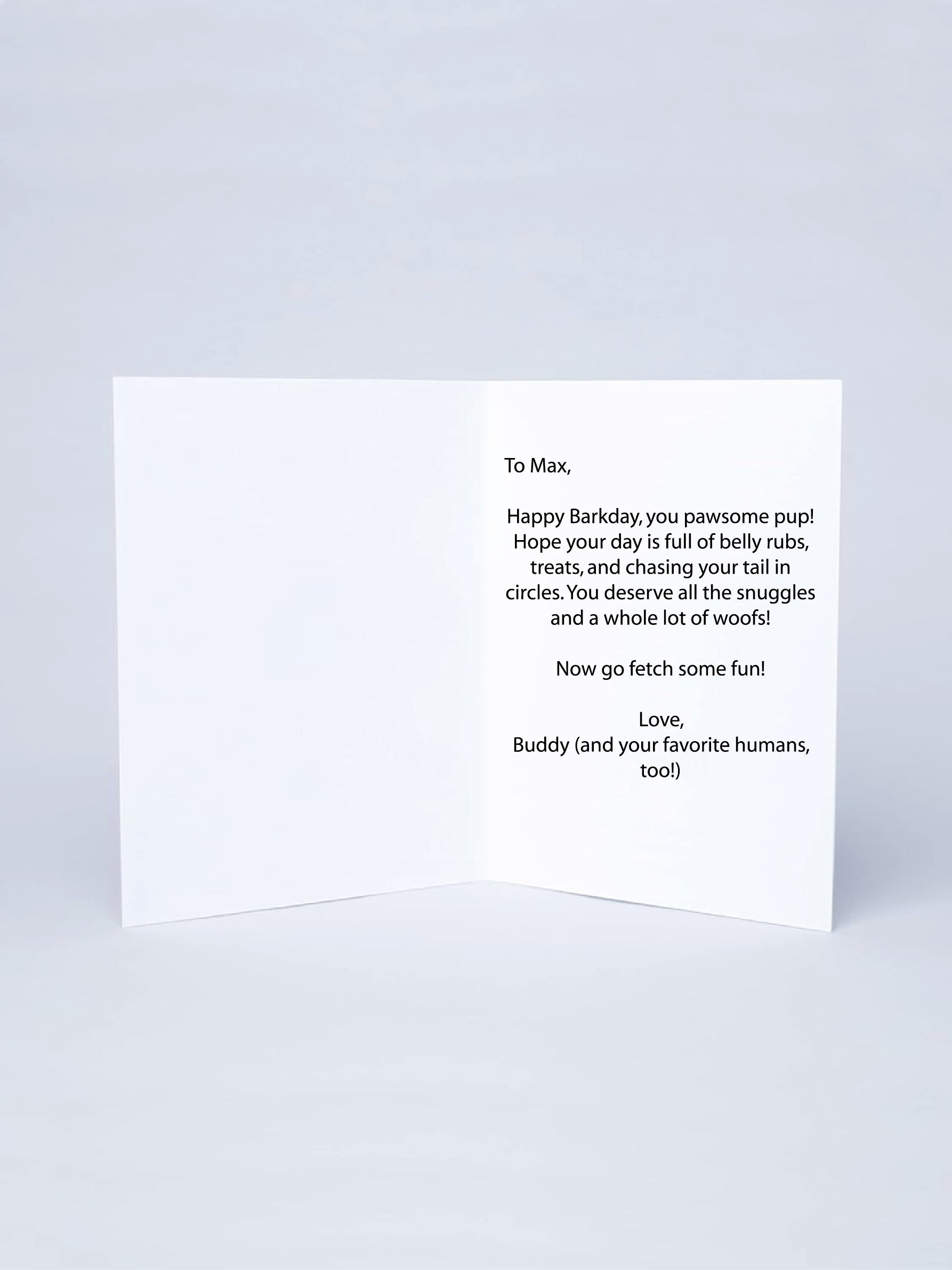 Personalised message inside a playful dog birthday card, adding a special touch to the celebration