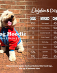 Dog wearing a red and blue hoodie with a size chart displaying 8 sizes to choose from.