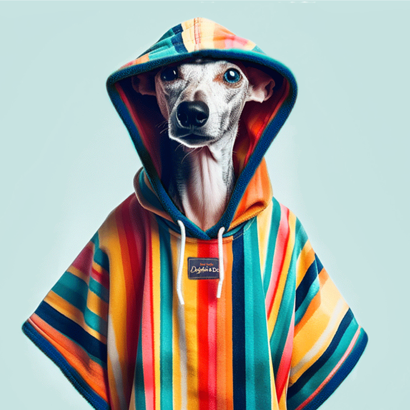 dog in a dog drying coat, it a hooded towel for dogs