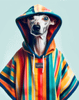 dog in a dog drying coat, it a hooded towel for dogs
