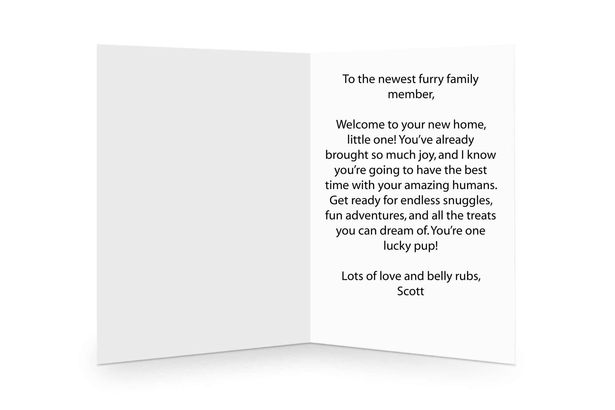 Personalised message inside a charming 'Congratulations on Your New Dog' greetings card, adding a joyful touch to the celebration.