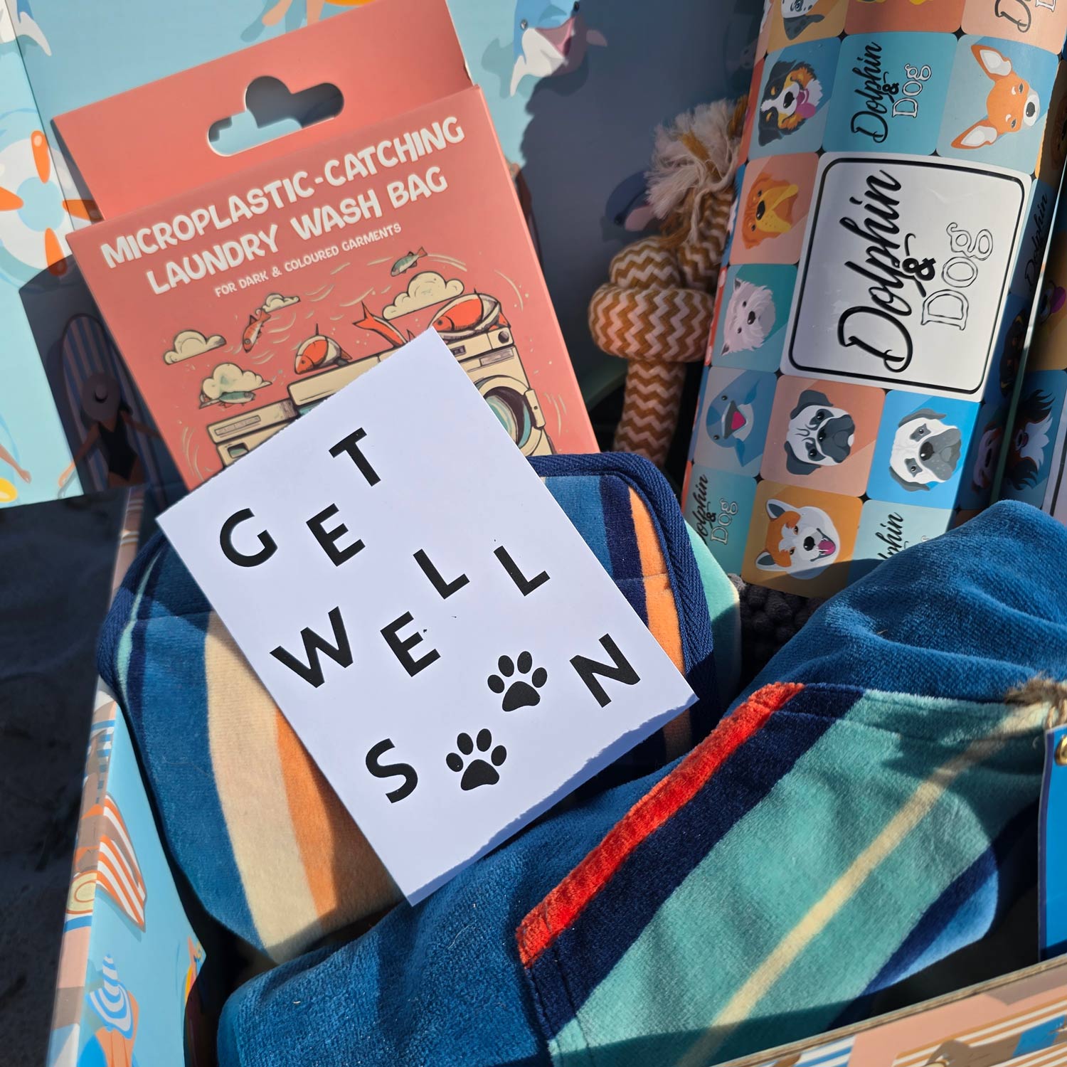 get well soon gifts for dogs and dog owners, a personalised gift card and gift box hamper