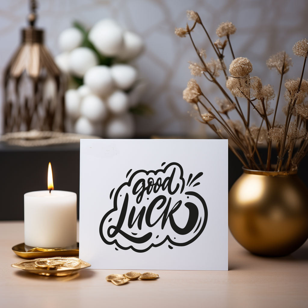 Charming 'Good Luck' card featuring a simple design, perfect for sending best wishes to friends and loved ones.