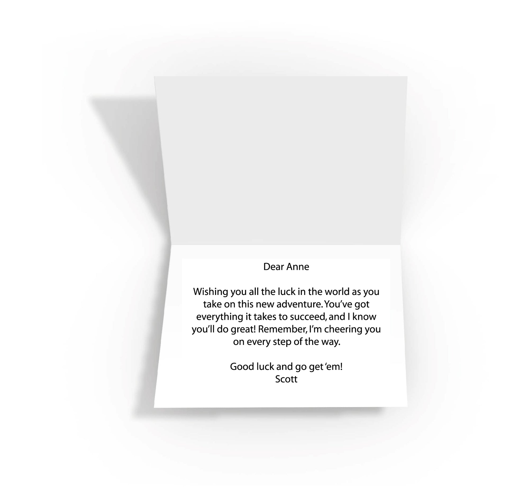 Personalised message inside a 'Good Luck' card, adding a special touch of encouragement for new adventures.