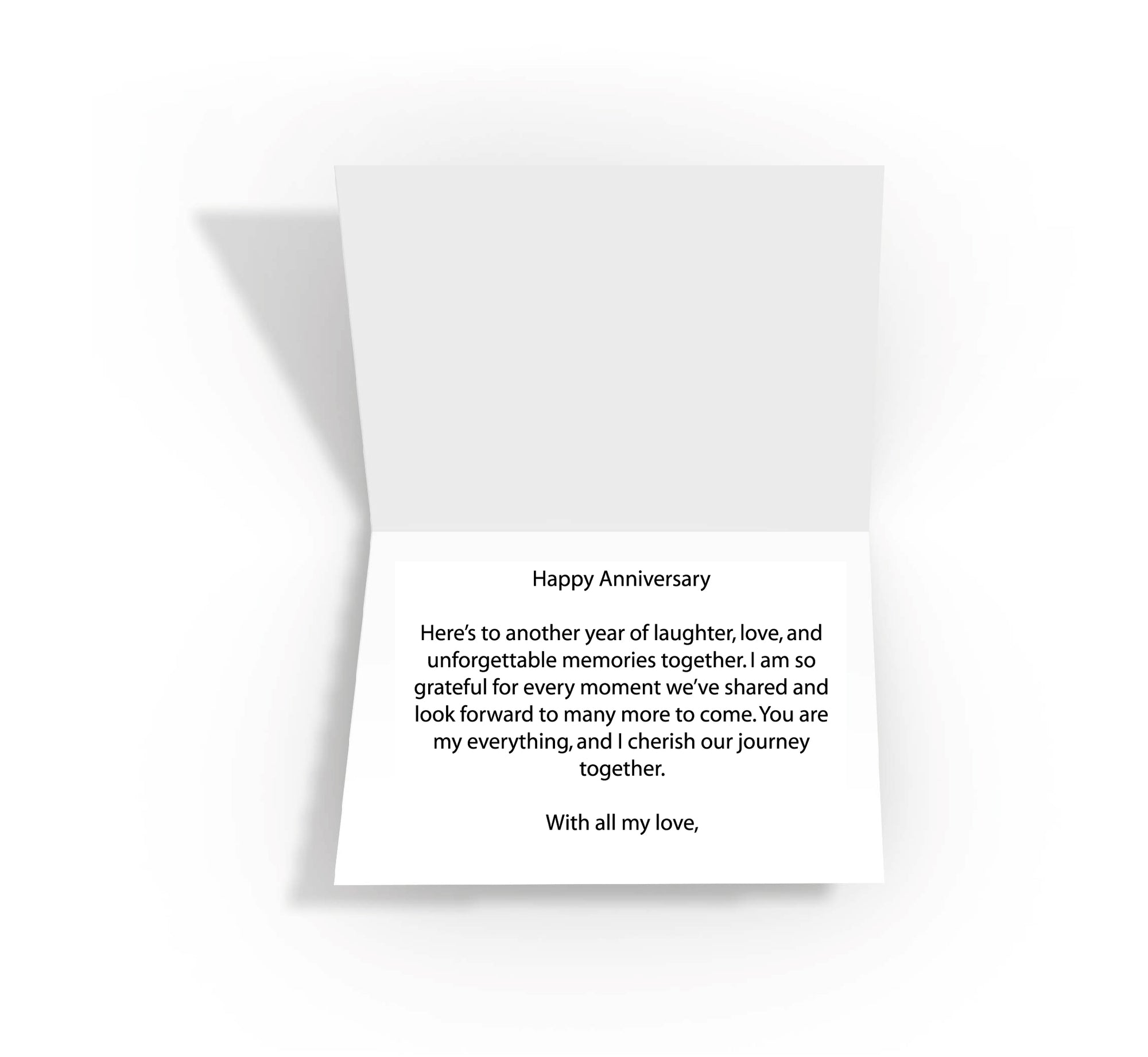 Personalised message inside an elegant 'Happy Anniversary' card, adding a thoughtful touch to the celebration.