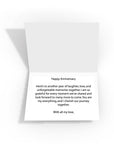 Personalised message inside an elegant 'Happy Anniversary' card, adding a thoughtful touch to the celebration.