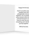 Customisable message inside a charming 'Happy Anniversary' card, perfect for conveying heartfelt wishes
