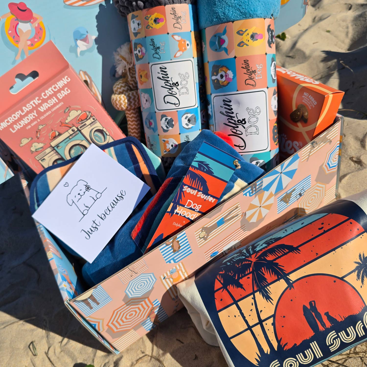 a just because gift basket for dog lovers, a box full of dog gifts for dog lovers