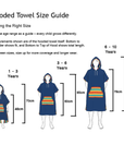 size guide for the kids hooded towel. image shows a baby, toddler and kid size measurements for the towel
