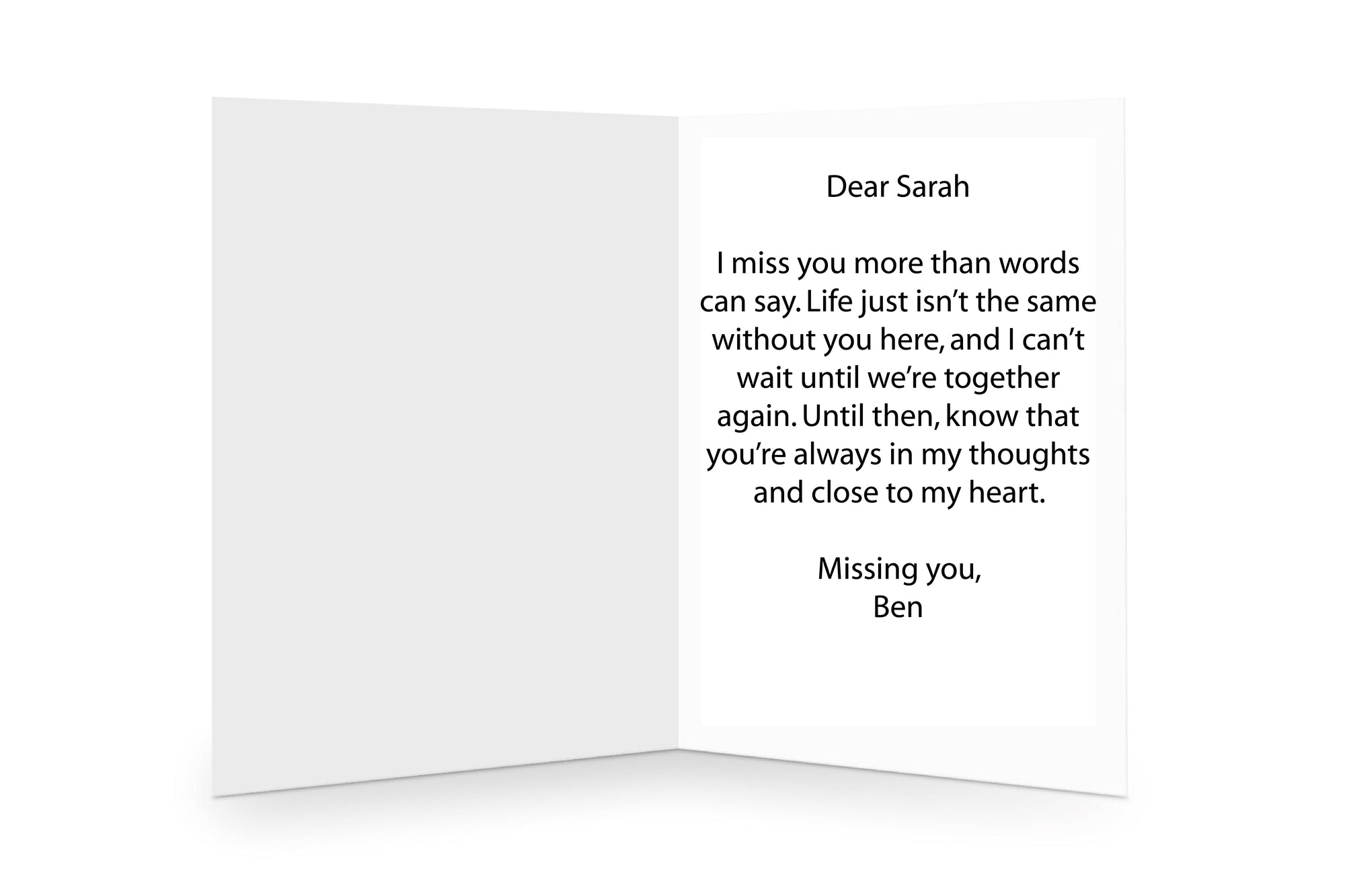 Customisable message inside a thoughtful 'Miss You' greetings card, perfect for expressing longing and care.