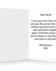 Customisable message inside a thoughtful 'Miss You' greetings card, perfect for expressing longing and care.