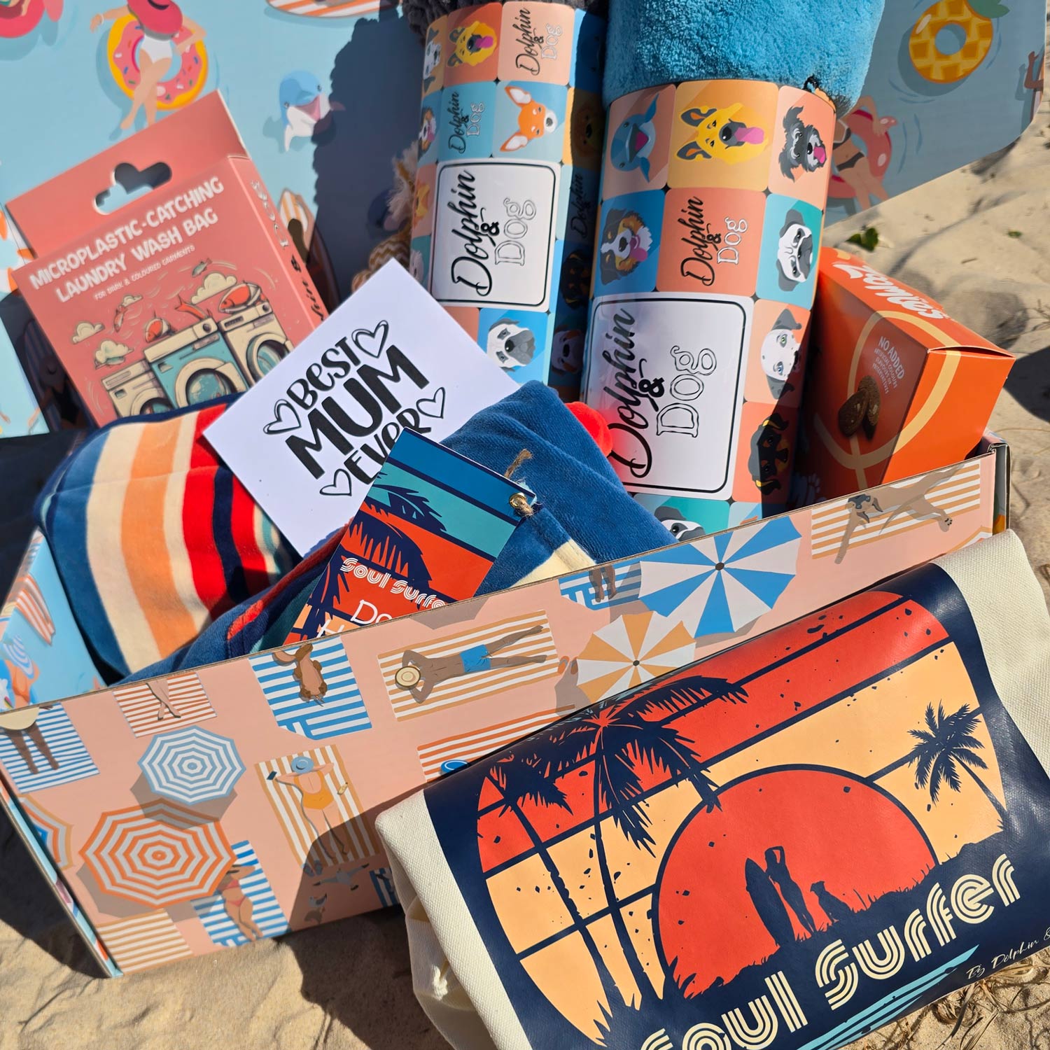 A gift hamper for a dog mum. a collection of dog gifts placed in a dog gift box