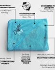 detailed dog towel specification of features. image shows fabric, size, durability , hand pockets, pile weave and snag free material.