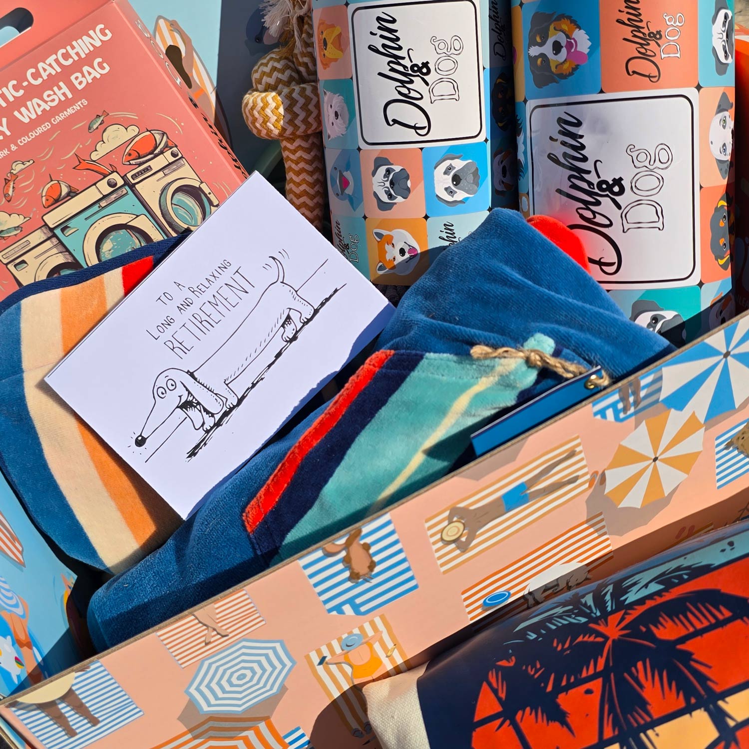 retirement gift hamper for dog lovers, a gift basket full of dog gifts for a retirement present.
