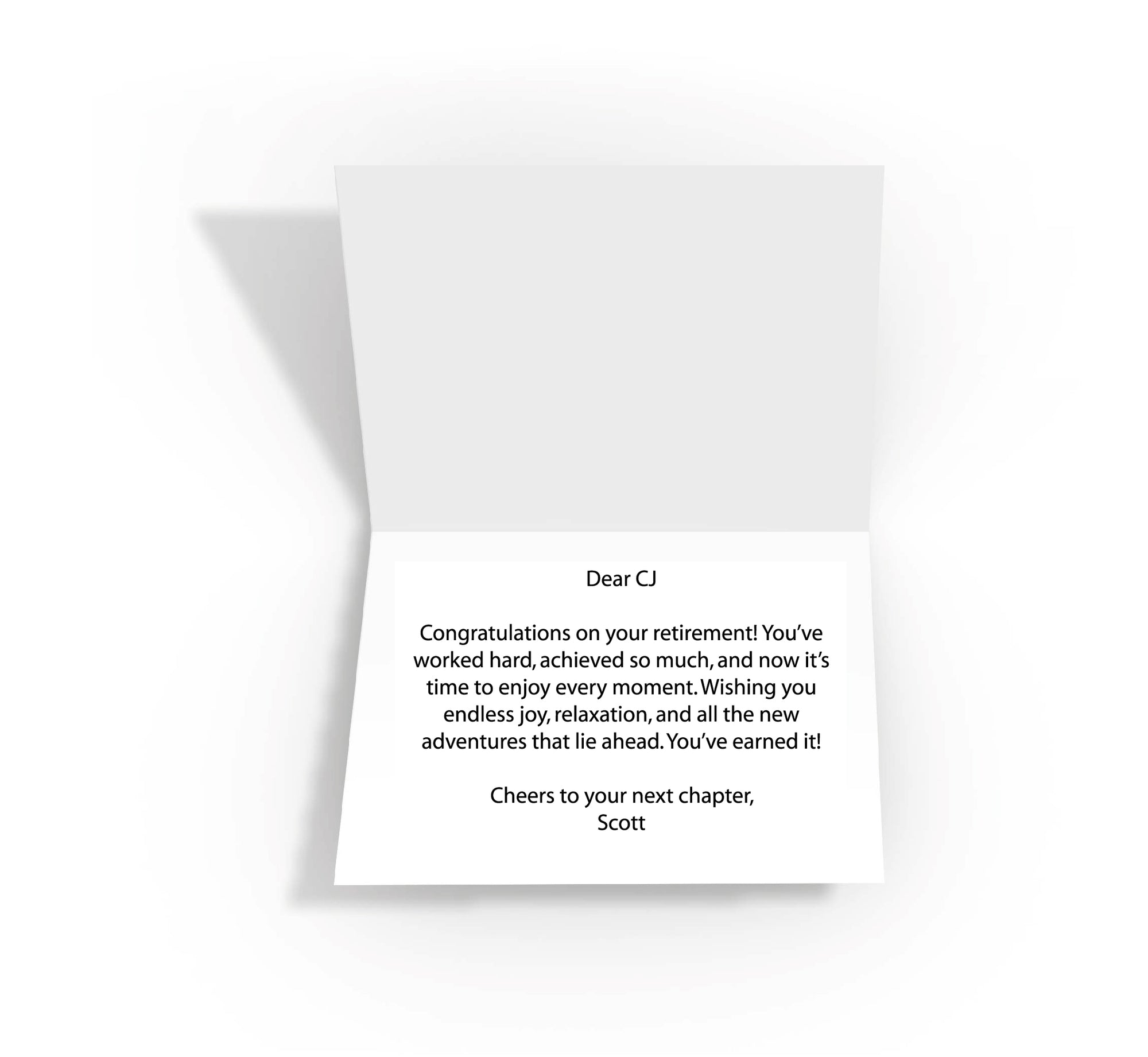 Personalised message inside a 'Happy Retirement' greetings card, adding a heartfelt touch to celebrate the retiree's next chapter.