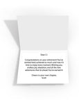 Personalised message inside a 'Happy Retirement' greetings card, adding a heartfelt touch to celebrate the retiree's next chapter.