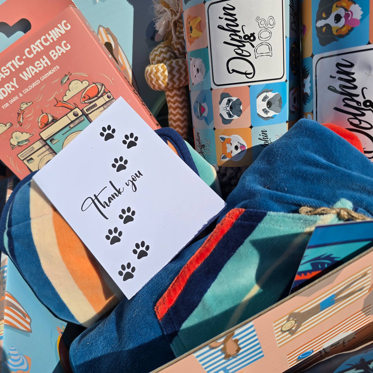 gift hamper made to say thank you for dog lovers, personalised hank you greeting card for dog owners