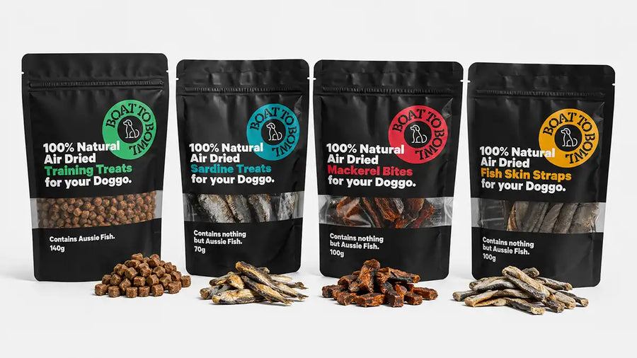 natural dog treats made in Australia, 4 options being displayed to choose from 