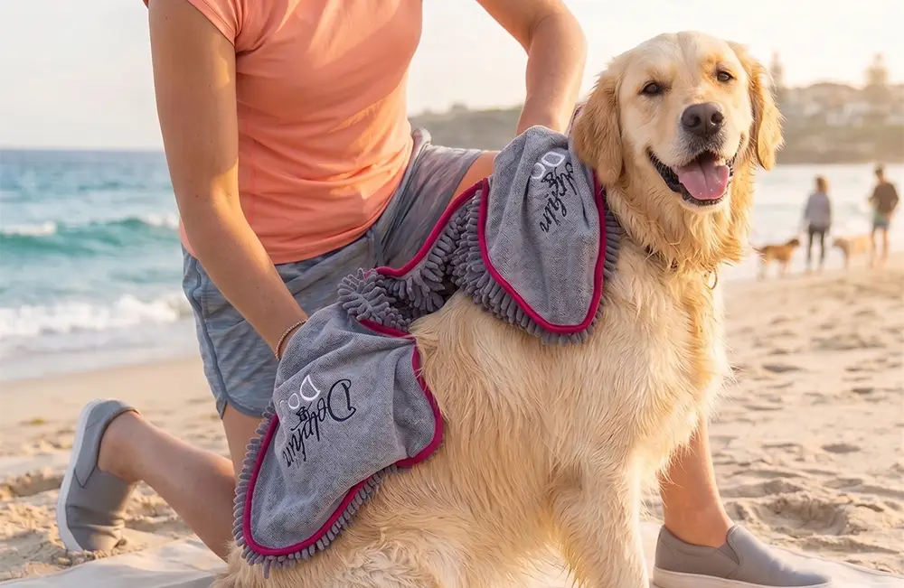 a large absorbent dog beach towel being used on a dog at the beach on a sunny day, dog is happy being dried by his owner