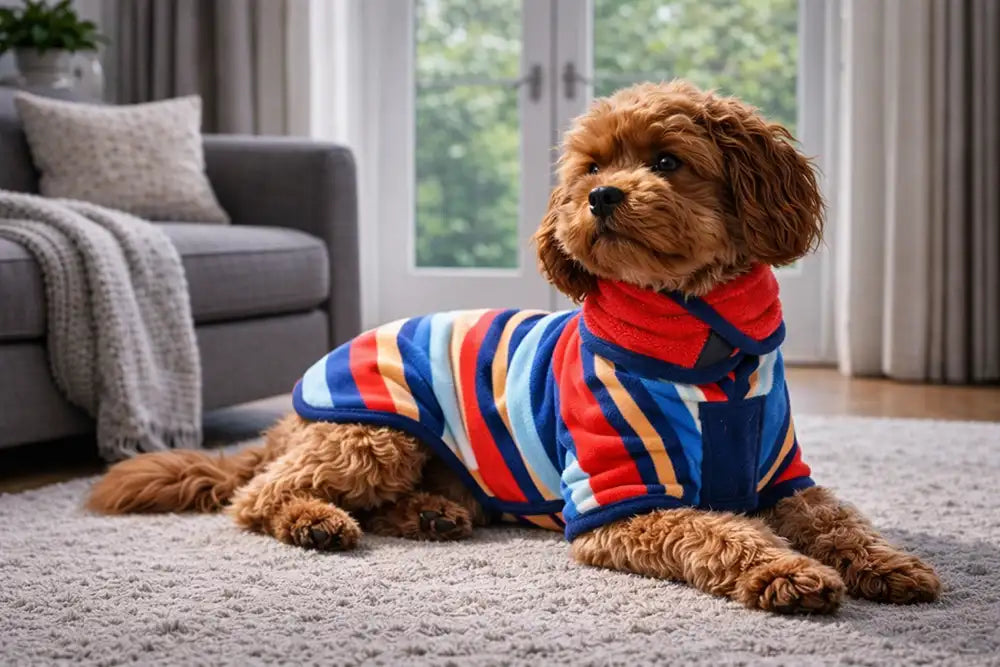 dog resting indoors wearing a calming dog thunder coat during a thunderstorm