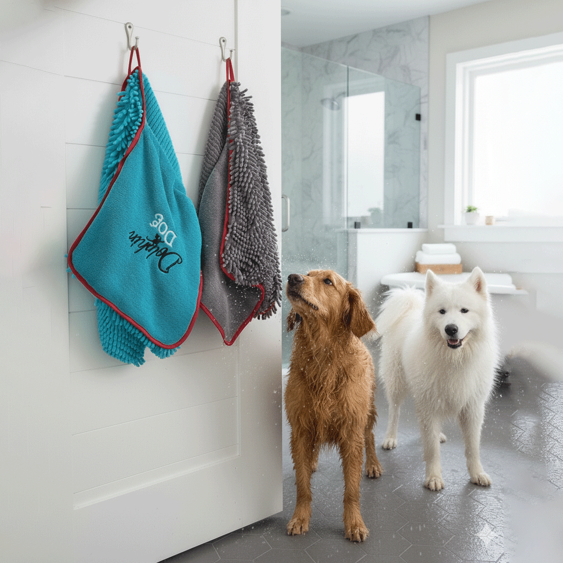 dog towels hanging on the a bathroom door, dogs standing underneath looking up at the dog towels waiting to be dried.