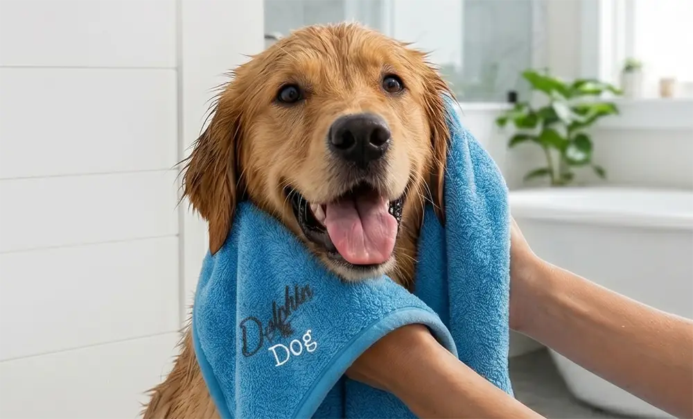 dog bath towel being used in bathroom with a wet dog