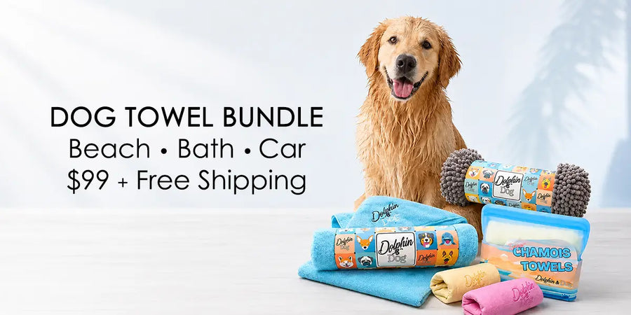 dog towel bundle with 3 unique towels being displayed and a happy dog 