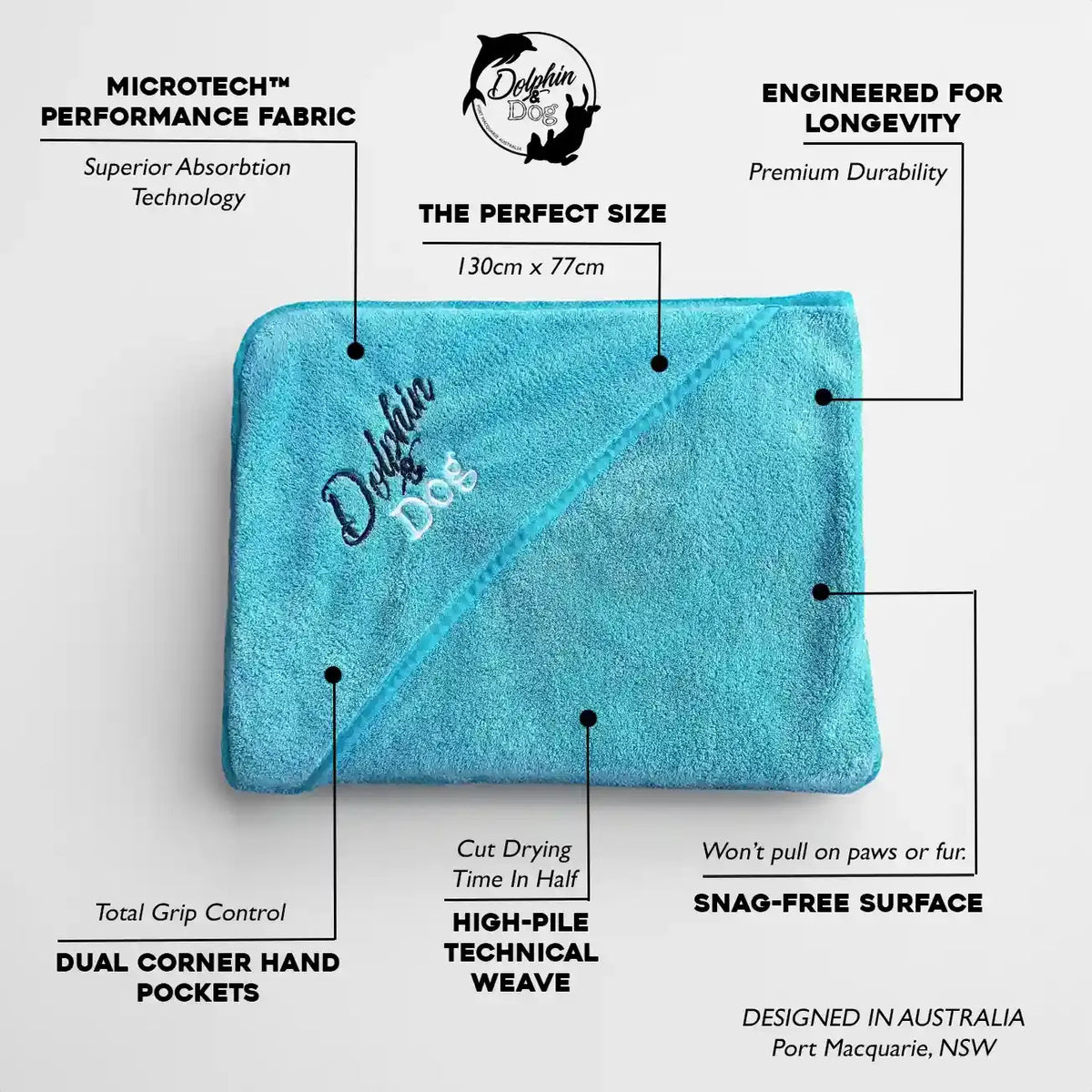 Blue microfibre dog towel with hand pockets, high pile weave and 130cm x 77cm sizing, designed for drying wet dogs after baths, beach days and rain.