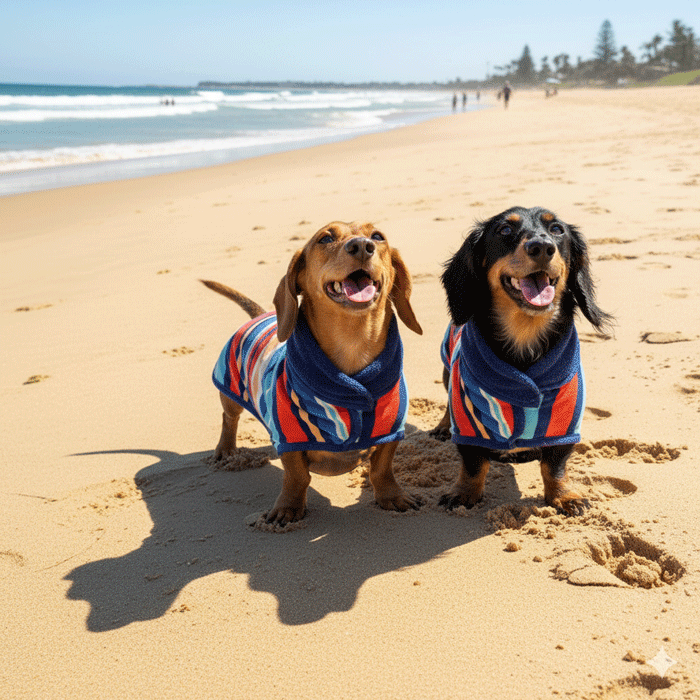 happy dachshunds at the beach wearing their dog drying coats, or as some like to call them dog robes or hooded dog towels 