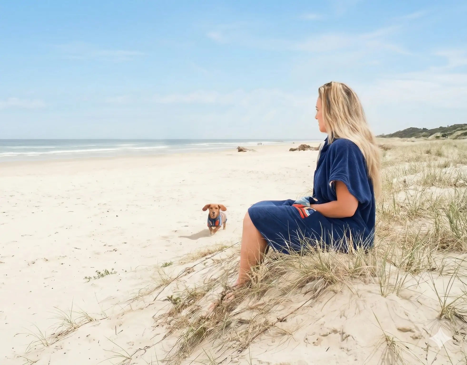 adult hooded towel,  a woman wearing a changing robe for on the beach with her dog in a matching dog robe.